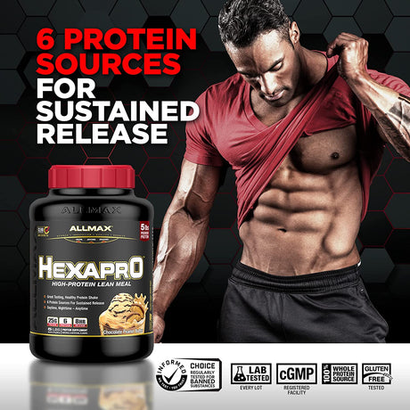ALLMAX HEXAPRO, Chocolate Peanut Butter - 5 Lb - 25 Grams of Protein per Serving - 8-Hour Sustained Release - Zero Sugar - 52 Servings