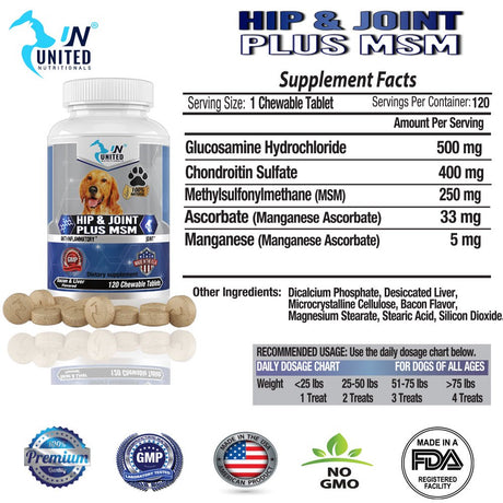 Hip and Joint Support for Dogs, Glucosamine, MSM, Chondroitin, Pain Relief, Joint Inflammation, Healthy Cartilage and Mobility - 60 Natural Chewable Tablets.