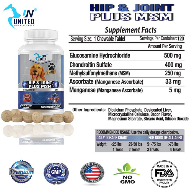 Hip and Joint Support for Dogs, Glucosamine, MSM, Chondroitin, Pain Relief, Joint Inflammation, Healthy Cartilage and Mobility - 60 Natural Chewable Tablets.