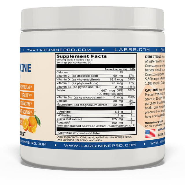 L-Arginine Pro Powder - 5500Mg L-Arginine, 1100Mg L-Citrulline Cardio Health (Citrus Orange, (2) Jars)