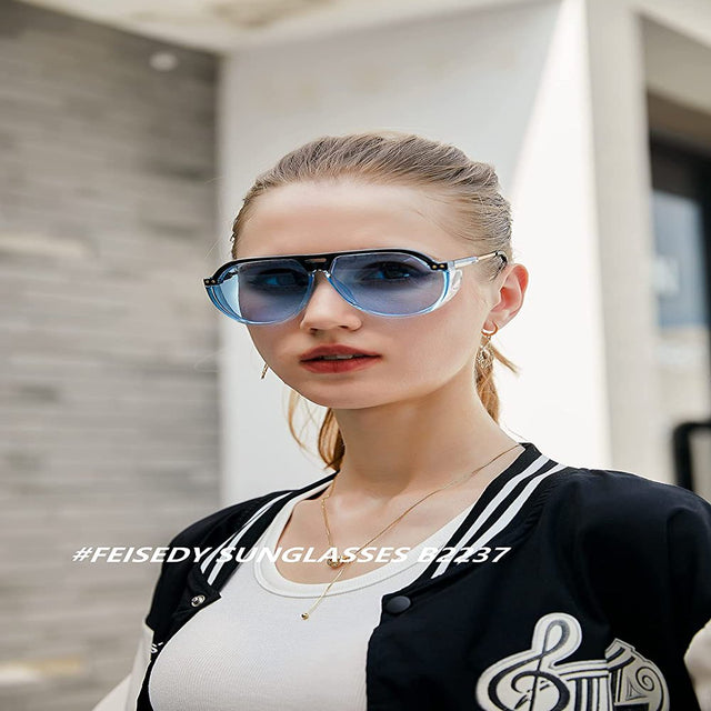 FEISEDY Women Men Vintage Aviator Sunglasses Side Shield Large Sqaure Frame Punk Style UV400 Protection B2237