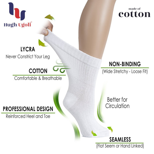 HUGH UGOLI Women'S Cotton Diabetic Crew Socks, Wide, Thin, Loose and Stretchy, Seamless Toe & Non-Binding Top, 4 Pairs, Lightgrey / Navyblue, Shoe Size: 9-12