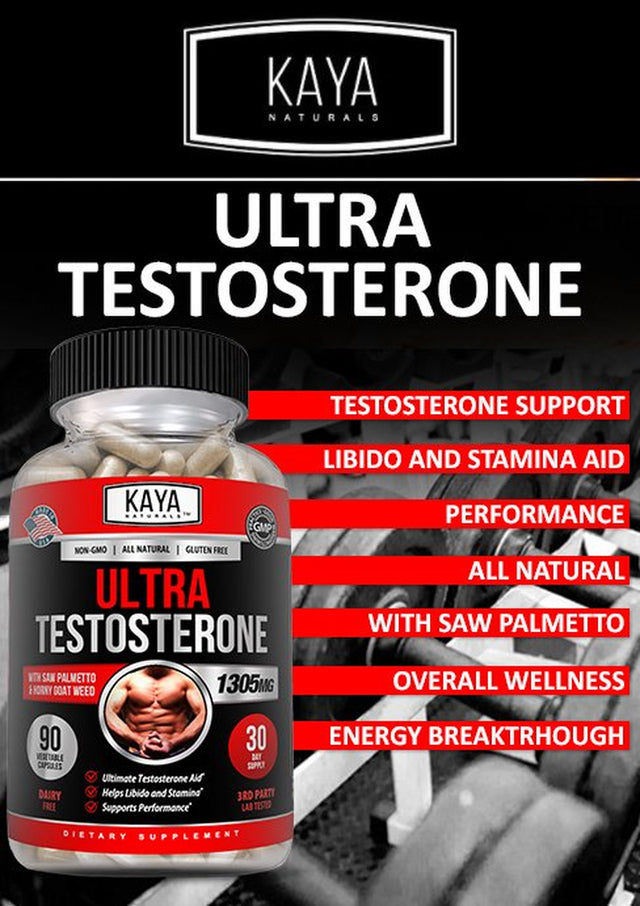 Kaya Naturals Ultra Testosterone 90Ct, Muscle & Testosterone Support, Bodybuilding - 1305Mg