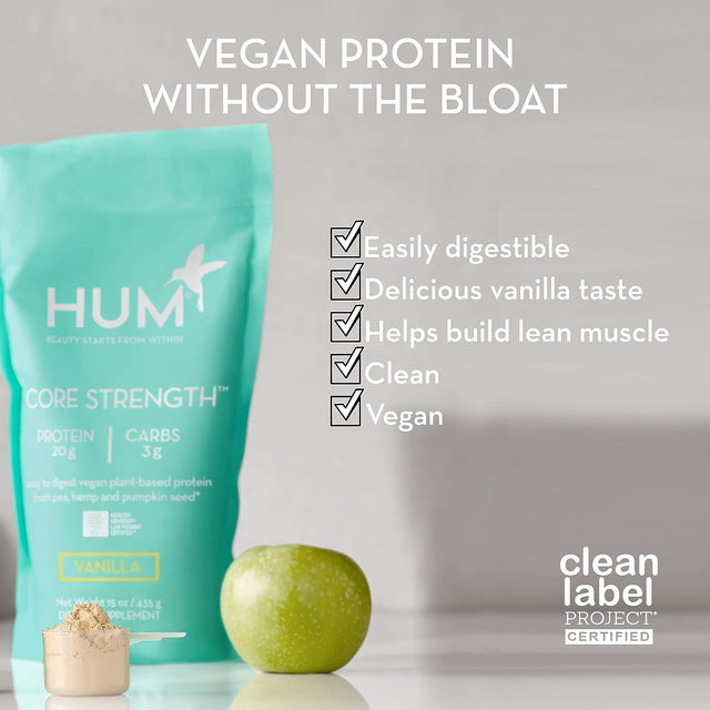 HUM Core Strength Vanilla Protein Powder - Digestion Friendly Vegan Plant Protein for Shakes (15 Servings)