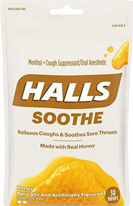 Halls Soothe Cough & Sore Throat Menthol Relief, Real Honey, 30Ct, 2-Pack
