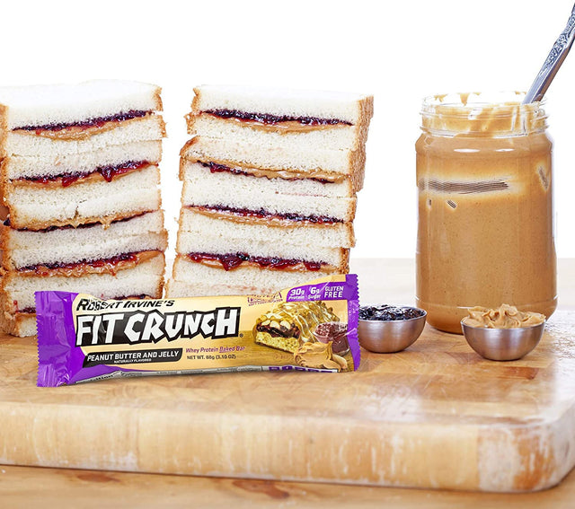 FITCRUNCH Snack Size Protein Bars, Designed by Robert Irvine, 6-Layer Baked Bar, 1G of Sugar, Gluten Free & Soft Cake Core (18 Bars, Peanut Butter and Jelly)