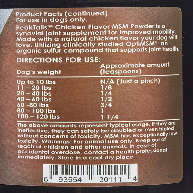 Kala Health Peaktails Chicken Flavored MSM Powder for Dogs, 1 Lb, Hip and Joint Support Supplement, 99.9% Pure Distilled MSM, Made in the USA