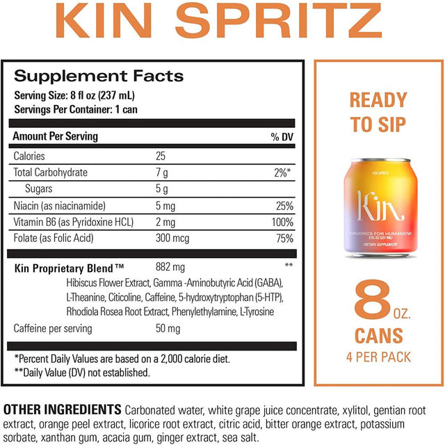 Kin Euphorics, Kin Spritz, Botanic, Adaptogenic, Nootropic, Dietary Supplement, Drink, (8Oz / 236Ml Each), 8 Pack Pack of 6