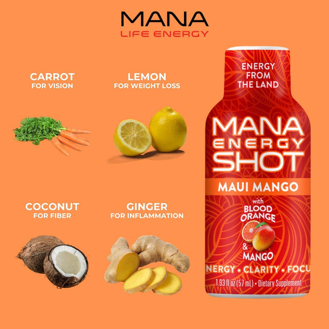 Maui Mango Shot- All Natural Plant Based W/Vitamin C, B12, Zinc for Energy, Focus, Clarity, Immunity Support, Antioxidant, Fatigue, Brain Fog,Performance (12PACK)