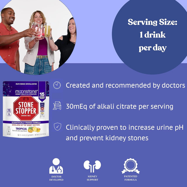 Kidney Stone Stopper Drink Mix Tropical Flavor, Outperforms Chanca Piedra & Kidney Support Supplements, Developed by Urologists to Prevent Kidney Stones and Improve Hydration, 15 Day Supply