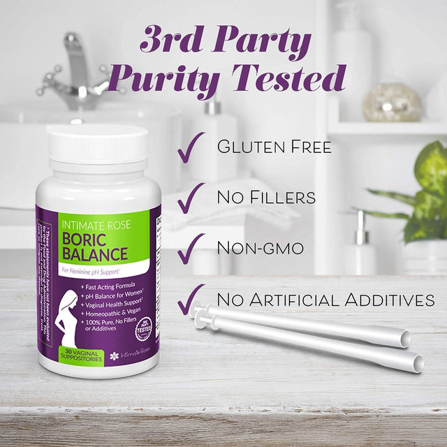 Intimate Rose Boric Acid , Ph Balance for Women, Boric Acid Vaginal Suppositories for Yeast Infection, Vaginitis, Bacterial Vaginosis, 30-Count (600Mg) Includes 7 Applicators - 100% Made in USA