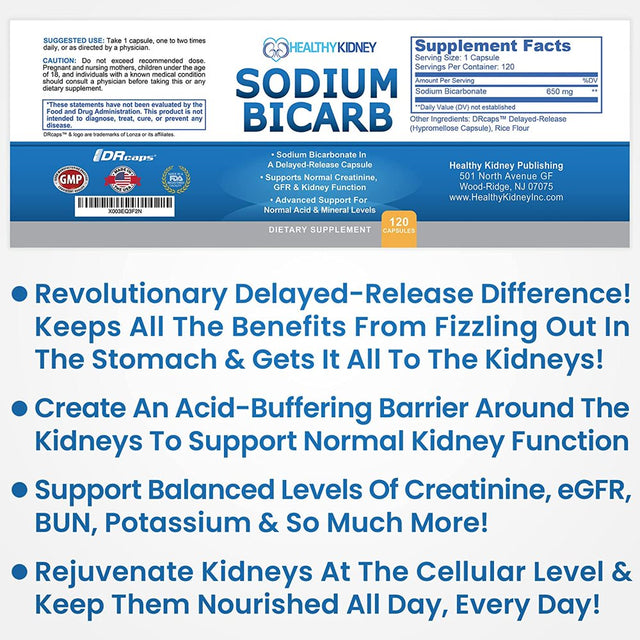 Healthy Kidney Sodium Bicarb 650Mg Capsules, Sodium Bicarbonate to Support Normal Kidney Function, Kidney Health Supplement for Kidney Support, Acid Relief, Alkalinity, 120 Capsules