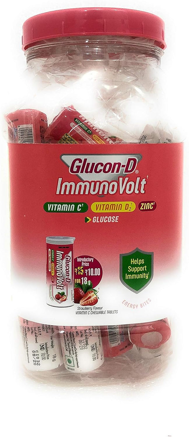 Immunovolt Glucose Energy Bites Strawberry - 20 Tube Packs in a Jar, 360Gm