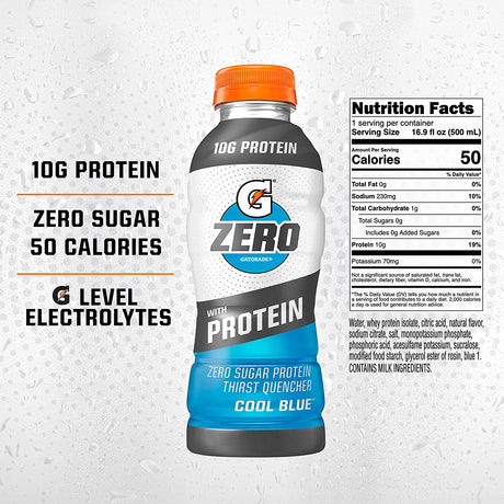 Gatorade Zero with Protein, 10G Whey Protein Isolate, Zero Sugar, Vegetarian, Liquid Electrolytes, Cool Blue, 16.9 Fl Oz Bottle, 12 Pack