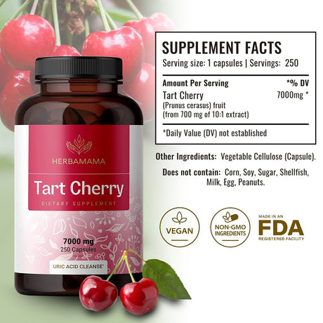 HERBAMAMA Tart Cherry Extract 250 Capsules - Joint Support & Uric Acid Control