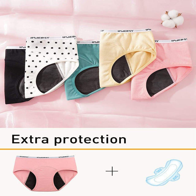 INNERSY Big Girls' Period Panties Menstrual Underwear for First Period Starter 3-Pack (S(8-10 Yrs), Dot&Stripe)