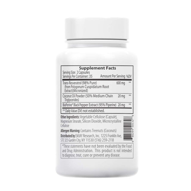 Hormesis® Micronized Trans Resveratrol 600Mg with Patented Bioperine® and MCT Oil (70 Capsules)