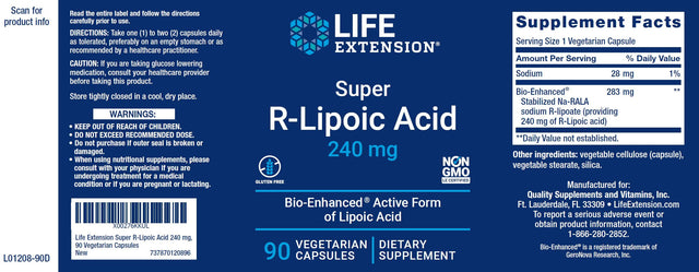Life Extension Super R Lipoic Acid 240 Mg, 90 Capsules