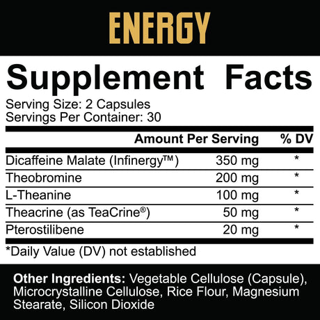 5% Nutrition Core Energy | Sustained Focus, Energy & Cognitive Performance W/Infinergy Caffeine, L-Theanine, Theobromine, Teacrine, Pterostilbene (30 Servings / 60 Vegcaps)