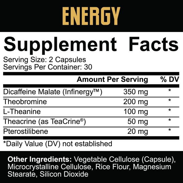 5% Nutrition Core Energy | Sustained Focus, Energy & Cognitive Performance W/Infinergy Caffeine, L-Theanine, Theobromine, Teacrine, Pterostilbene (30 Servings / 60 Vegcaps)