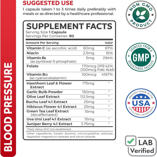 Healths Harmony Natural Blood Pressure Support Supplement - Support Healthy Blood Pressure & Circulation with Hawthorn Berry Extract - 90 Capsules
