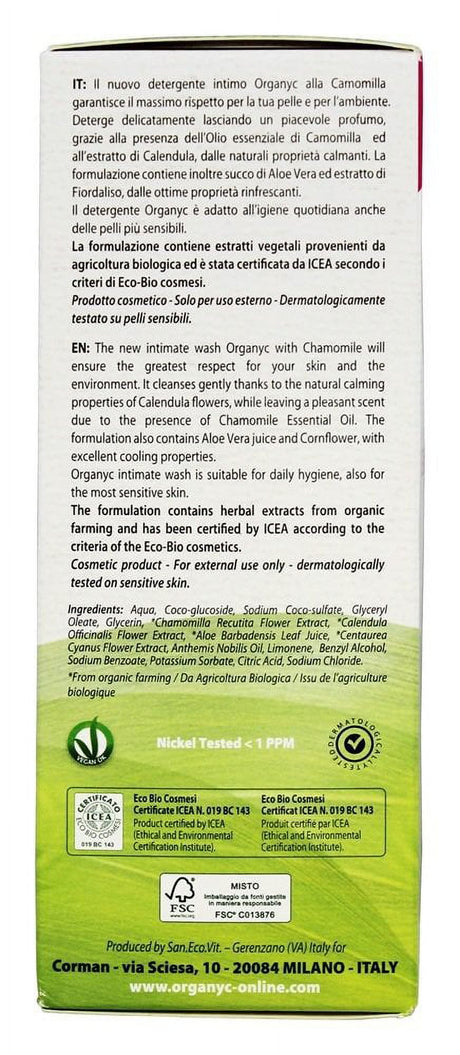 Organyc Feminine Intimate Wash for Sensitive Skin, Free from Chlorine, Parabens, SLS/SLES, and Synthetic Perfumes 8.5 Fluid Ounce