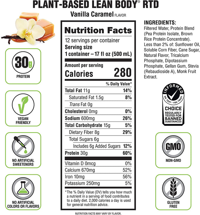 Lean Body Ready-To-Drink, Plant-Based Vegan Vanilla Caramel Protein Shake, 30G Protein, No Artificial Flavors, Sweeteners or Colors, Non GMO, Gluten Free, Premium Pea & Rice Blend (Pack of 12)