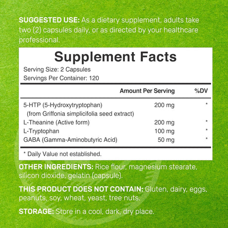 5-HTP 200Mg plus GABA, L-Theanine & L-Tryptophan, 240 Capsules | 98% High African Derived Griffonia Seed Extract | Complete Supports Calm & Relaxation