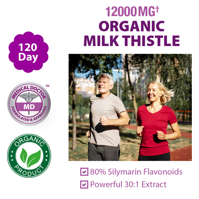 Lean Nutraceuticals Md Certified Organic Milk Thistle - 12,000Mg Strength / 30X Concentrated Extract Milk Thistle with Silymarin / Supports Liver Cleanse and Detox (120 Capsules)