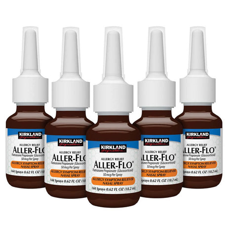 Kirkland Signature Aller-Flo Fluticasone Propionate (Glucorticoid) 5 Bottles X 120 Metered Sprays .54 Fl OZ per Bottle