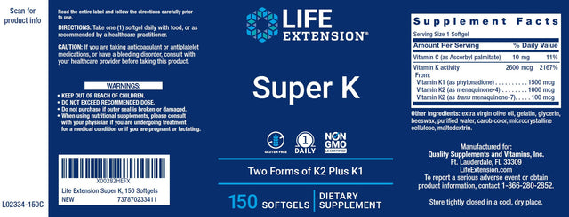Life Extension Super K, 150 Softgels, with Vitamin K1 and K2 - MK4 & MK7