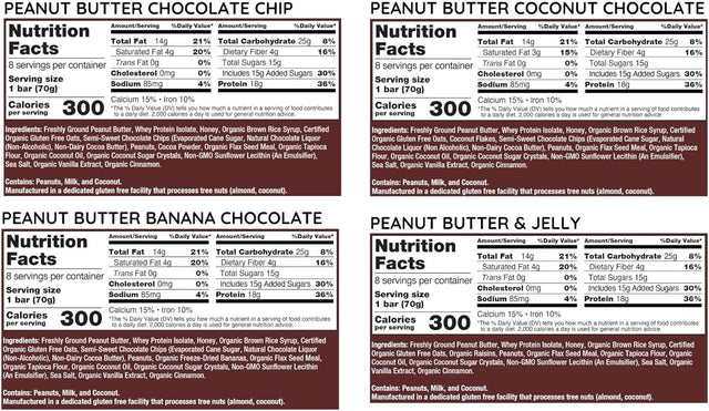 G2G Protein Bar, PB Lovers 4-Pack, 1 Box Each PB Choc Chip, PB Coconut, PB Banana, PB & J, Healthy Snack, Delicious Meal Replacement, Gluten-Free, Refrigerated for Freshness, 32 Count (4 Packs of 8)