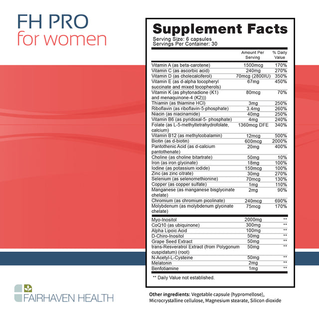 Fairhaven Health FH PRO for Women, Female Fertility Supplement and Prenatal Multivitamin to Support Regular Menstrual Cycles and Egg Health, 180 Vegetarian Capsules