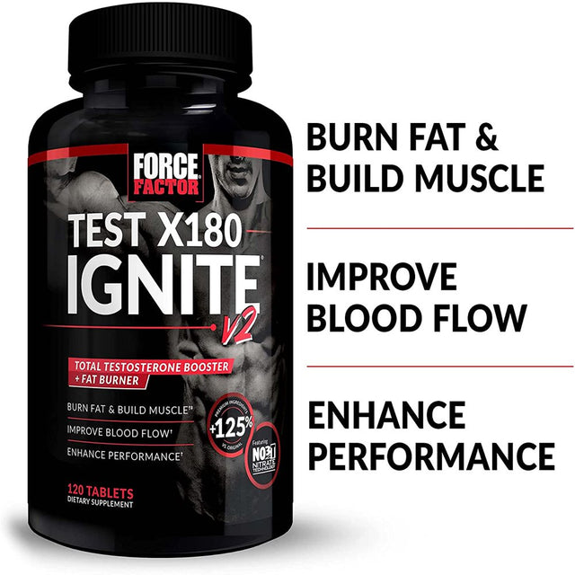 Force Factor Test X180 Ignite V2 Testosterone Booster & Supplement with Nitrates to Burn Fat, Build Muscle, Boost Energy and Enhance Vitality, Black, 120 Count