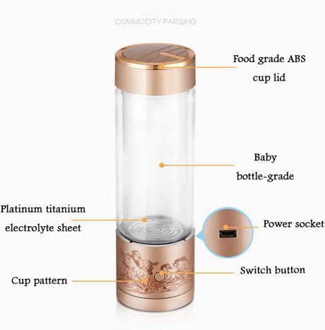 Portable 3 Minute Hydrogen-Rich Water Bottle Rechargeable High Concentration Hydrogen Generator Glass Bottle Anti-Aging Anti-Oxidation Alkaline Water Generator, 350Ml