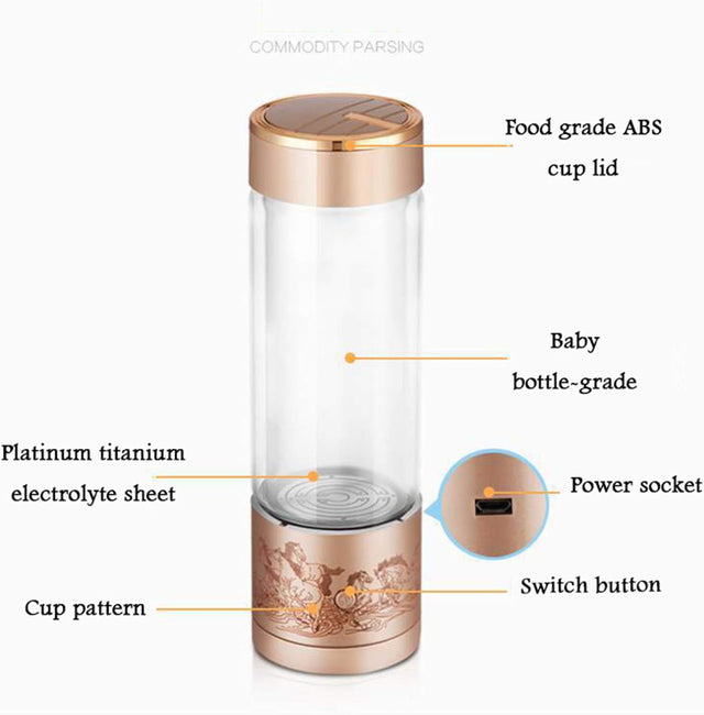 Portable 3 Minute Hydrogen-Rich Water Bottle Rechargeable High Concentration Hydrogen Generator Glass Bottle Anti-Aging Anti-Oxidation Alkaline Water Generator, 350Ml