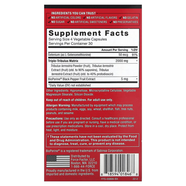 FORCE FACTOR Tribulus Terrestris Max for Men, Testosterone Booster and Male Vitality Supplement, for Superior Absorption, 2000Mg, 120 Capsules, Red (FFS-00899-FG)