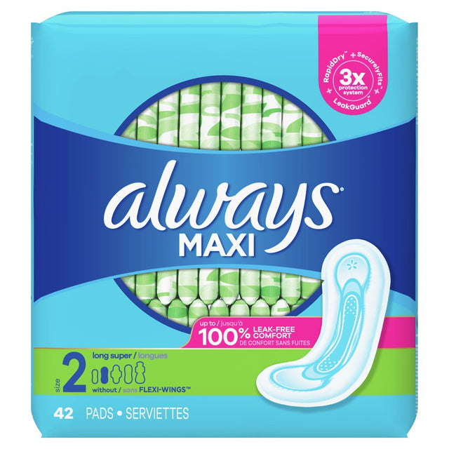 Always Maxi Daytime Pads without Wings, Size 2, Long, Unscented, 42 Ct