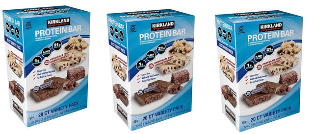 Kirkland Signature Variety Protein Bars 20 Count, 21G of Protein, 4G of Carbs and 1G of Sugar, Chocolate Brownie and Chocolate Chip Cookie Dough, 3 Boxes
