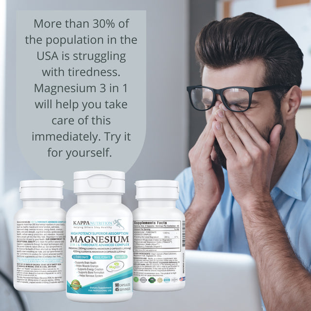 Magnesium, L-Threonate (90 Capsules), 2,253Mg per Serving, Providing 420Mg Elemental, Bisglycinate Chelate, Malate, for Brain, Sleep, Stress, Cramps, Headaches, Energy, Heart, from Kappa Nutrition.