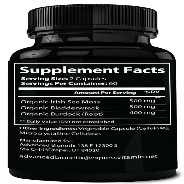 Advanced Bionetix Organic Irish Sea Moss Capsules, Raw Wildcrafted Seamoss Enhanced W/ Bladderwrack & Burdock Root Capsules 120 Total Pills Antioxidant Packed. Prebiotic Superfood, Thyroid Support.
