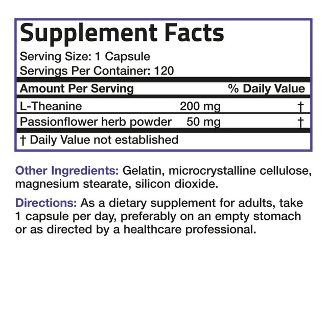 Bronson L-Theanine 200Mg (Double-Strength) with Passion Flower Herb - Reducing Stress - Non-Gmo Gluten Free, 120 Capsules