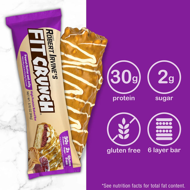 FITCRUNCH Full Size Protein Bars, Designed by Robert Irvine, 6-Layer Baked Bar, 2G of Sugar, Gluten Free & Soft Cake Core (12 Bars, Peanut Butter and Jelly)