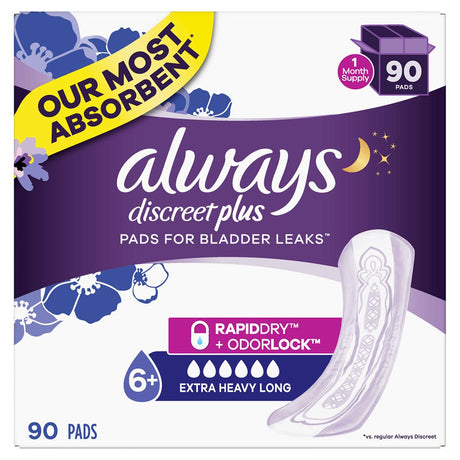 Always Discreet Plus, Incontinence Pads for Women, Extra Heavy Absorbency, Long Length, (90 Ct.)