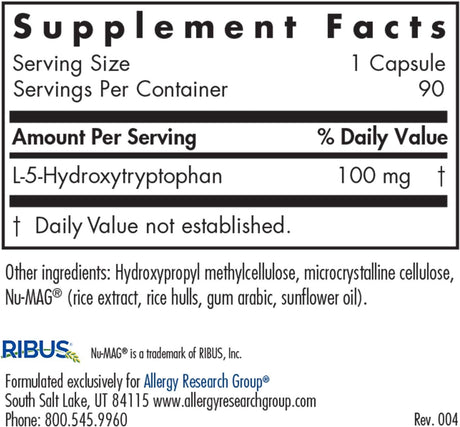 Allergy Research Group - 5-HTP 100Mg - L-5-Hydroxytryptophan - 90 Vegetarian Capsules