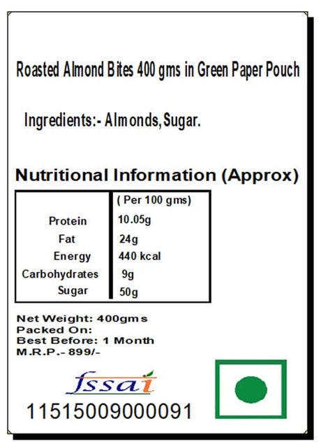 Jaiccha Ghasitaram Roasted Almond Bites 400 GMS in Green Paper Pouch