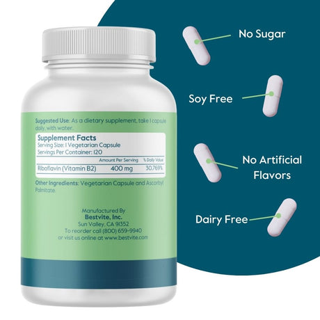 BESTVITE Vitamin B-2 (Riboflavin) 400Mg (120 Vegetarian Capsules) - No Stearates - Vegan - Non GMO - Gluten Free