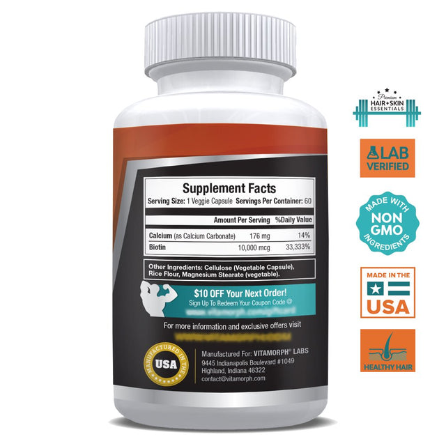 Biotin 10000 Mcg + Calcium - Maximum Strength Biotin Capsule Vitamin Supplement - Best Vitamin B7 Biotin for Men & Women with Calcium to Support Hair, Skin, Nails by Vitamorph Labs - 60 Veggie Caps