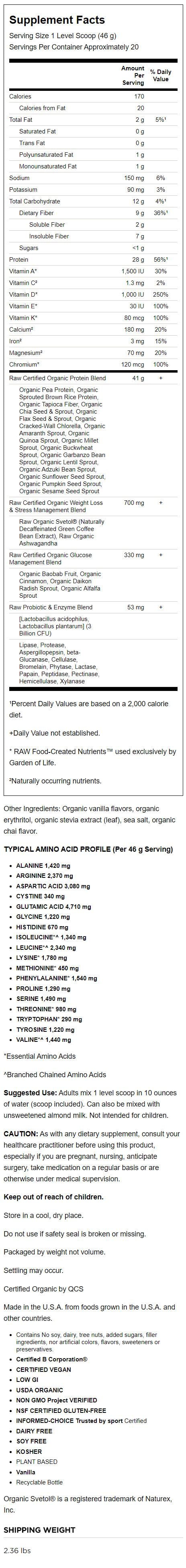 Garden of Life Raw Organic Fit Protein Powder, Vanilla, 28G Protein, 2.0Lb, 32.2Oz