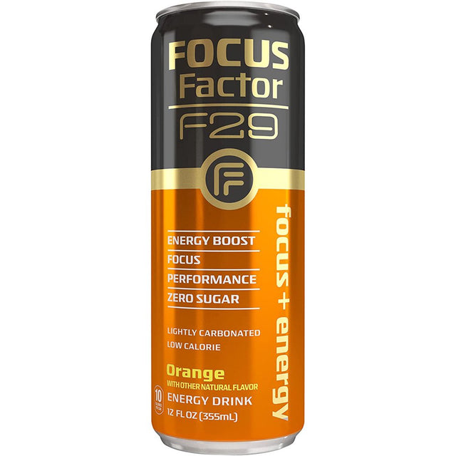 Focus Factor F29 Nootropic Focus + Energy Drink (Orange Flavor) – Sugar Free, Pack of 12 – Lightly Carbonated – 10 Calories per Serving – Nootropic Beverage